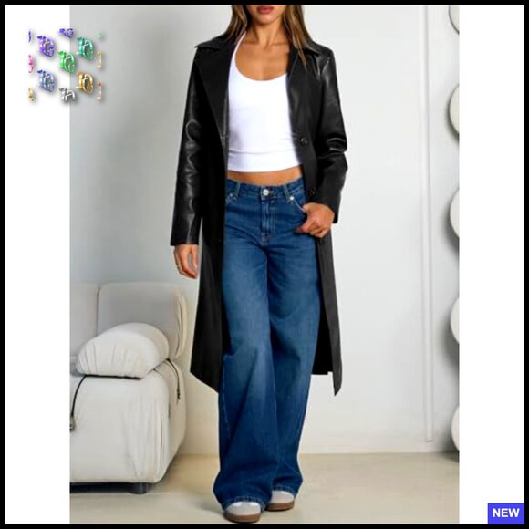 Long Faux Leather Trench Coat Classic Elegant Chic Open Front Belted - Picture 2 of 6